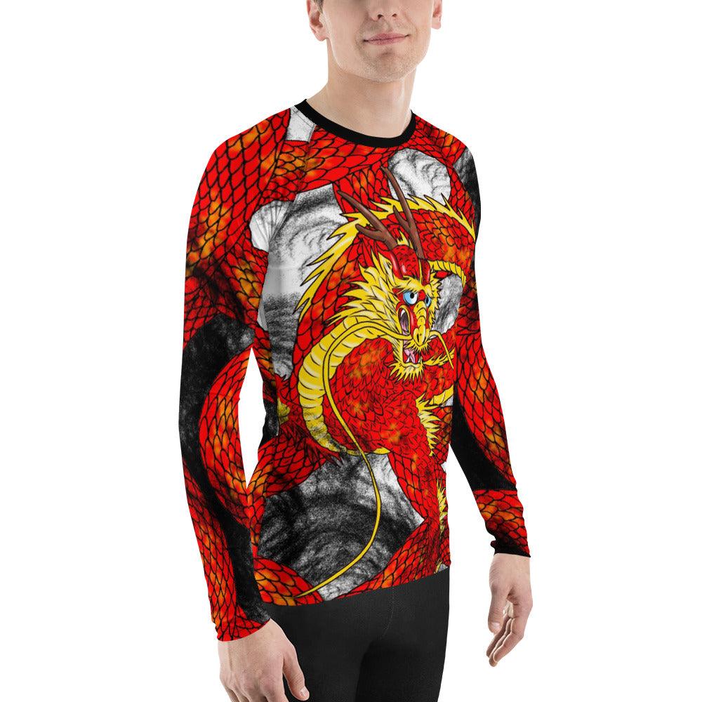 Red Imperial Dragon Print Men's Long Sleeve Rash Guard - Rocky Mountain Dragons LLC
