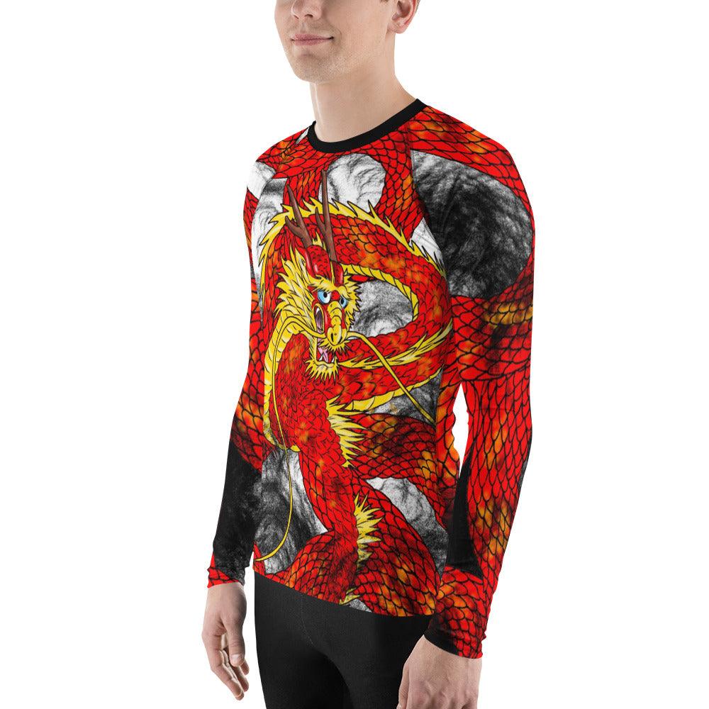 Red Imperial Dragon Print Men's Long Sleeve Rash Guard - Rocky Mountain Dragons LLC