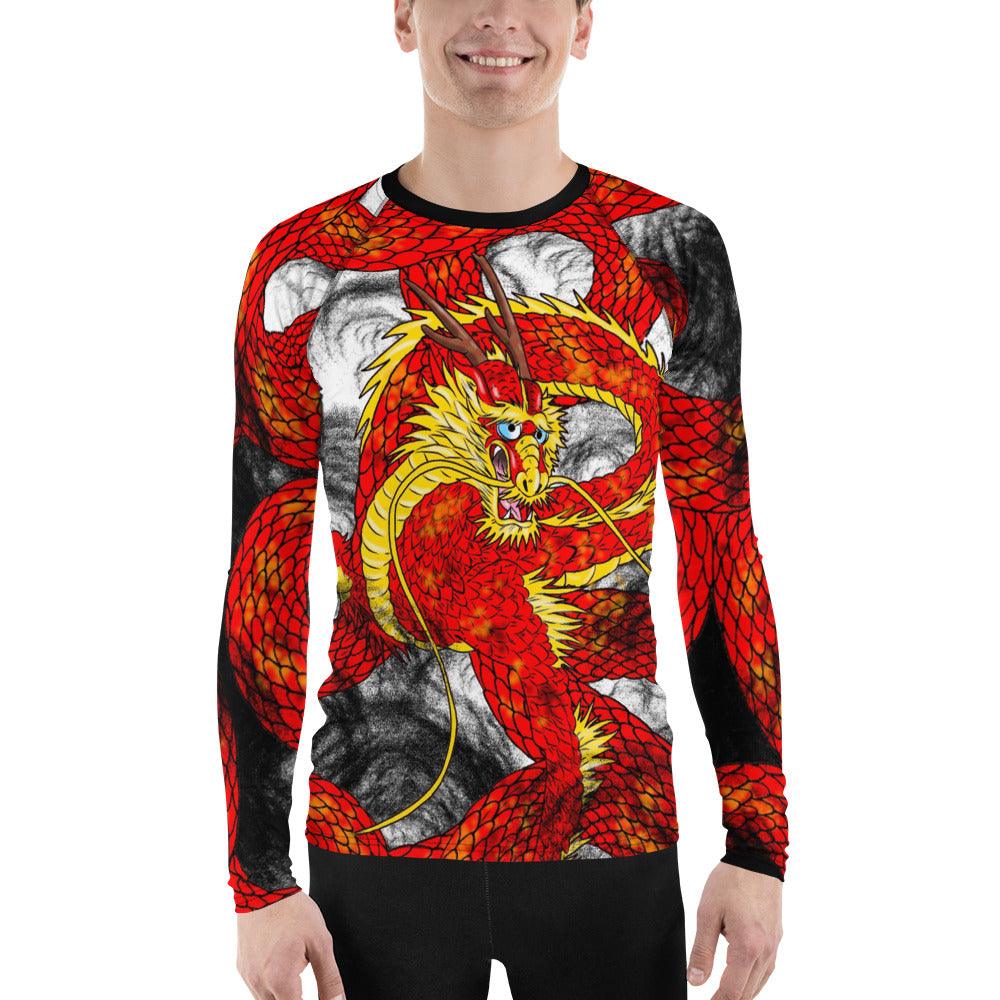 Red Imperial Dragon Print Men's Long Sleeve Rash Guard - Rocky Mountain Dragons LLC